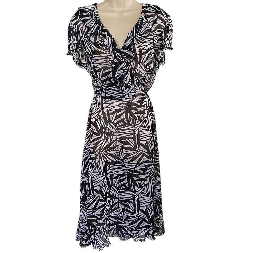 NWT ~ COVINGTON Black & White Chiffon Wrap Ruffle Midi Dress ~ Women's Size 10